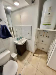 a bathroom with a white toilet and a sink at Departamento Cómodo y Luminoso in Santiago