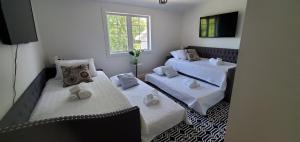 une chambre avec deux lits et une télévision dans l'établissement Hilltop Mansion at Rebecca's Fountain, à Niskayuna 39 autres photos