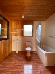 a bathroom with a toilet and a tub and a sink at Cabañas los Patitos in Pucón