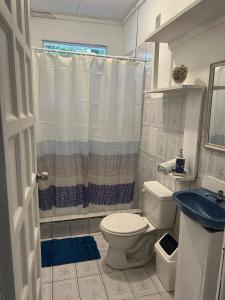 a bathroom with a toilet and a sink and a shower at White Son house, a pasos de la playa, 50MG WIFI in Punta Uva