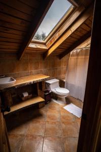 baño con aseo y lavabo y ventana en Cabañas Borde Rio Las Trancas, en Nevados de Chillán