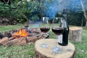 two glasses of wine sitting on a stump next to a fire at Winding Creek Cottage in Bald Knob