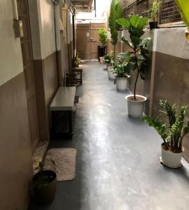 an empty hallway with potted plants in a building at Budget Transient Capsule Room Makati near Ayala and Buendia in Manila