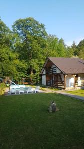 a log cabin with a picnic table in the grass at Шале "Тиша" in Migovo