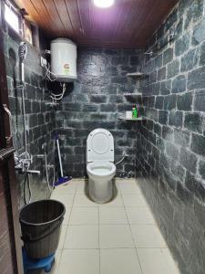 a bathroom with a toilet and a brick wall at Monkey Mud House and Camps, Bir in Bīr