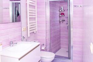 Un baño con ducha, inodoro y lavabo. en The Clock Tower Apartment, en Jaén