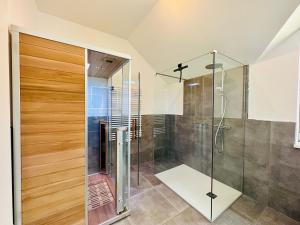 a shower with a glass door in a bathroom at Parkvillen Carlota und Candela Baabe in Baabe