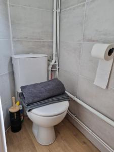 Baño con aseo y toalla azul en Chez Lucas, en Dinan