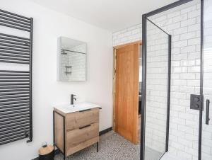 a bathroom with a sink and a mirror at Brigwyn in Pwllheli +42 photos