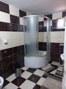 a bathroom with a shower and a checkered floor at Apartman Saša in Vranje