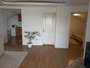 a living room with a white door and a potted plant at Apartman Saša in Vranje
