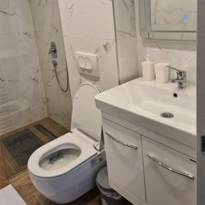 La salle de bains blanche est pourvue de toilettes et d'un lavabo. dans l'établissement KONDOR apartmani, à Vrnjačka Banja