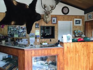 a bar with a deer head hanging on a wall at Copper River Motel in Terrace