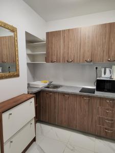 una cucina con armadi in legno e forno a microonde di Studio Apartment Klarić a Drivenik