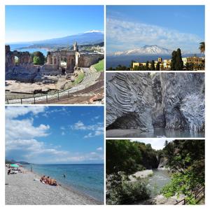 4 verschiedene Ausblicke auf einen Strand und einen Berg in der Unterkunft Casa vacanze "I due parchi" in Calatabiano