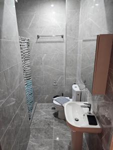 a bathroom with a toilet and a sink at Adonis Apartments in Paralia Katerinis