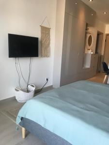 a bedroom with a bed and a flat screen tv on the wall at Cosy studio apartment in Budva with sea view in Budva