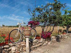 een fiets geparkeerd naast een stenen muur met bloemen bij Angelo's Country House in Bernalda