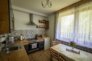 eine Küche mit einem Tisch, einem Waschbecken und einem Fenster in der Unterkunft Zacisze Pod Reglami in Zakopane