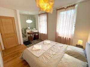 um quarto com uma cama com duas toalhas em Charmant 2 pièces atypique em Mulhouse