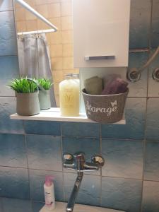 a bathroom with a sink and a shelf with toiletries at Taraca 2 in Trpanj