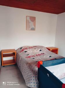 a bedroom with a bed with a comforter on it at Calme et détente dans une maison proche de la mer in Neufchâtel-Hardelot