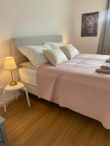 een slaapkamer met een groot bed met een lamp op een houten vloer bij Apartmany Tachov - First Floor in Tachov
