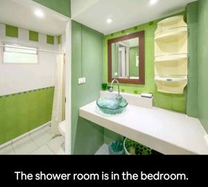 邦涛海滩The Endless Bangtao Residence ST2的一间带水槽的浴室和一个带绿色墙壁的淋浴间 更多15张照片