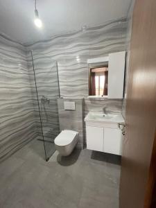 y baño con aseo, lavabo y ducha. en Hotel Majestic, en Struga