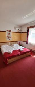 a bed in a room with a red carpet at Pensiune Restaurant Arconi in Năvodari