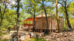 uma cabana de madeira na floresta com árvores em Camping Rives du Lac de Sainte Croix em Bauduen