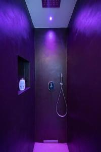 uma casa de banho roxa com um chuveiro com uma parede roxa em Appartamento il Poggino em Colle Val D'Elsa