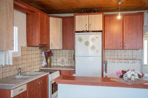 a kitchen with wooden cabinets and a white refrigerator at Pitoros Summer Cottage Kefalonia in Mesovoúnia +13 photos