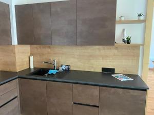 a kitchen with a sink and a black counter top at Appartmens am Attersee Dachsteinblick in Nussdorf am Attersee