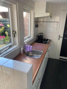 a kitchen counter with a sink and a window at Het Popelhuisje in Alkmaar