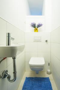 baño con lavabo, aseo y alfombra azul en Schicke Wohnung/tolle Anbindung, en Bieber