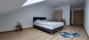 1 dormitorio con 1 cama grande y tragaluz en Villa Nova en Szuminka