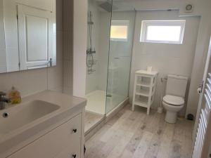 een badkamer met een glazen douche en een toilet bij La Cour des Cloches in Mainxe