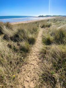 a dirt path through the grass on a beach at #MirrorSands in Blythe