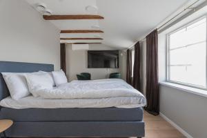 Viken的住宿－Hotell MAVI，一间卧室设有一张床和一个大窗户