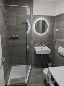 La salle de bains est pourvue d'une douche et d'un lavabo. dans l'établissement Ferienwohnung Auszeit, à Rostock