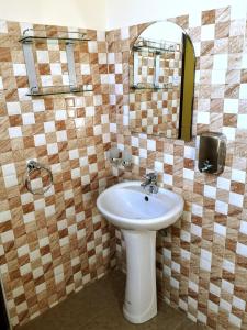 uma casa de banho com um lavatório e um espelho em Heart Of Africa Adventure and Apartments em Arusha