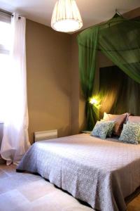 una camera con un grande letto a baldacchino verde di Les Cachettes ad Avignone