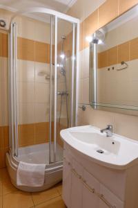 a bathroom with a shower and a sink and a shower at Wydma Park in Rowy