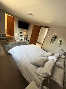 塔姆沃思的住宿－Holmleigh Annexe，一间卧室配有一张大床和一张沙发