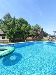 a large swimming pool with a raft in a yard at EkoStolarnia in Rutka Tartak