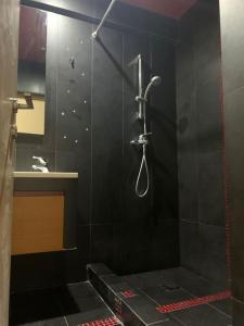 a black bathroom with a shower and a sink at Varkiza Lux Apartment in Varkiza