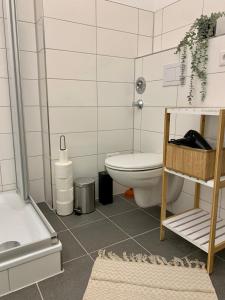 a bathroom with a toilet and a bath tub at Bright & central for 4 incl workspace in Bochum