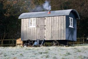 a wooden train car sitting in a field at Molly Dishwasher Shepherds Hut in Frant