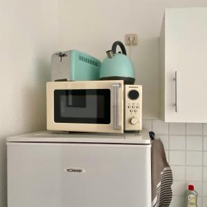 eine Mikrowelle auf einem Kühlschrank in der Küche in der Unterkunft Apartment Casa Heideweg mit TG direkt an der Heide in Dresden